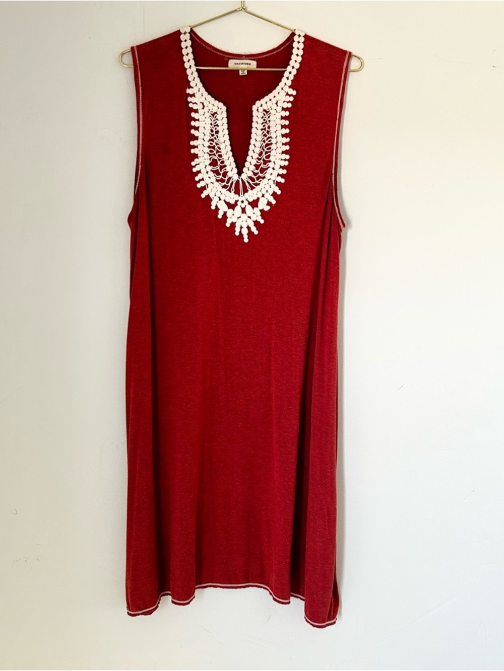 Max Studio Women’s Red Sleeveless Dress with White Crochet Accents